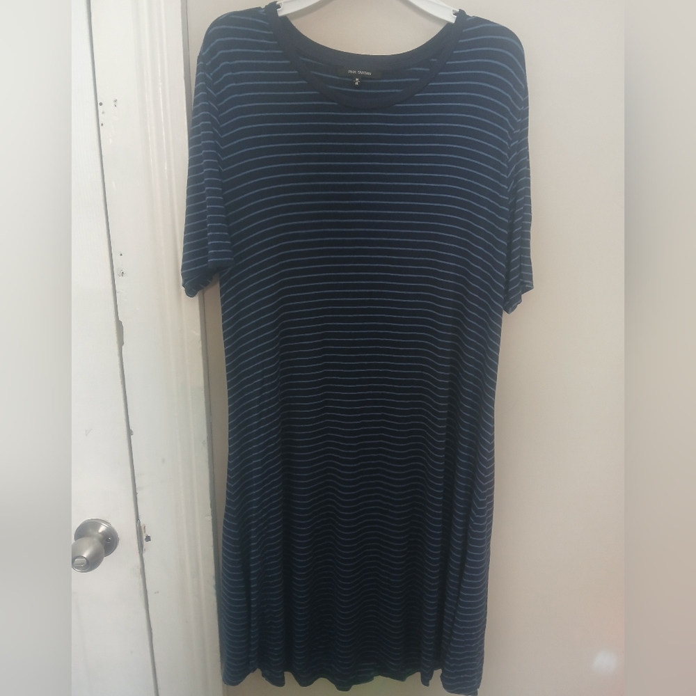 Pink Tartan Navy Striped Midi T Shirt Dress
